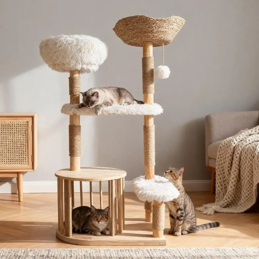 Cat Scratching Post - Natürlicher Holz-Katzenturm mit Sisal-Kratzbaum und Rattan-Nest